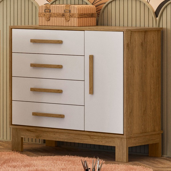 Cômoda Infantil Q Encanto 1 Porta 4 Gavetas Freijó/ Branco Acetinado - Qmovi