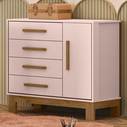 Cômoda Infantil Q Encanto 1 Porta 4 Gavetas Rosa - Qmovi