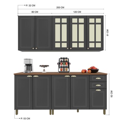 Cozinha Completa Firenze 10 Portas 2 Gavetas com Vidro Chumbo - Indekes