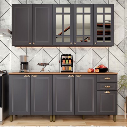 Cozinha Completa Firenze 10 Portas 2 Gavetas com Vidro Chumbo - Indekes