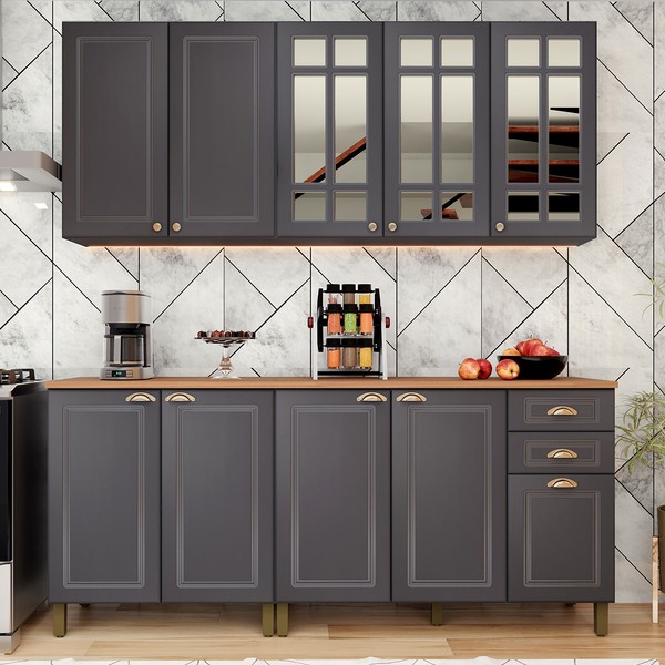 Cozinha Completa Firenze 10 Portas 2 Gavetas com Vidro Chumbo - Indekes