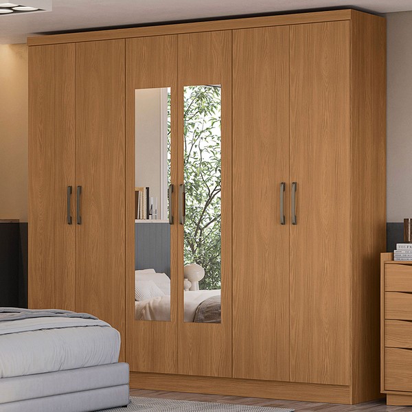 Guarda-Roupa Casal 6 Portas 3 Gavetas com Espelho Canela - Kappesberg