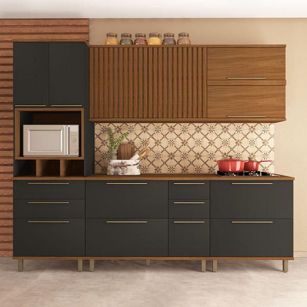 Cozinha Completa Munique 10 Portas 6 Gavetas Ripado Freijo/Chumbo - Indekes