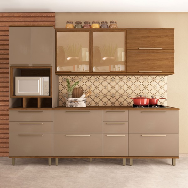 Cozinha Completa Munique 10 Portas 6 Gavetas com Vidro Freijo/Camurça - Indekes