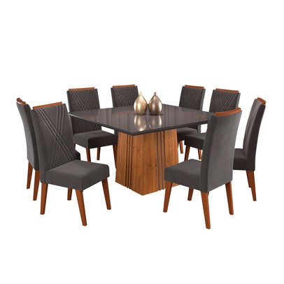 Mesa de Jantar 8 Lugares Malvinas com Vidro Mel/Cinza/Grafite - Panorama Móveis