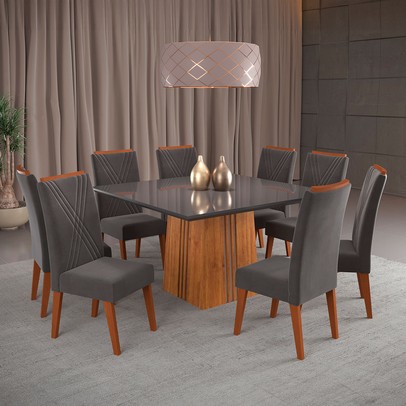 Mesa de Jantar 8 Lugares Malvinas com Vidro Mel/Cinza/Grafite - Panorama Móveis