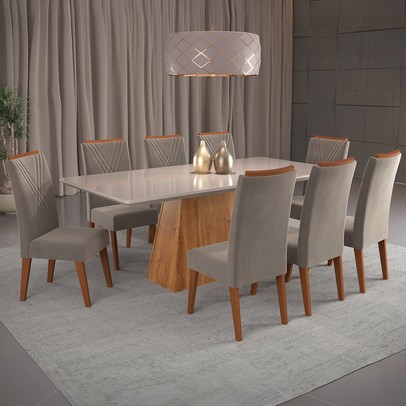 Mesa de Jantar 8 Lugares Indianápolis com Vidro Mel/Perola/Off White -  Panorama Móveis