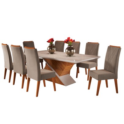 Mesa de Jantar 8 Lugares Moçambique com Vidro Mel/Perola/Off White - Panorama Móveis