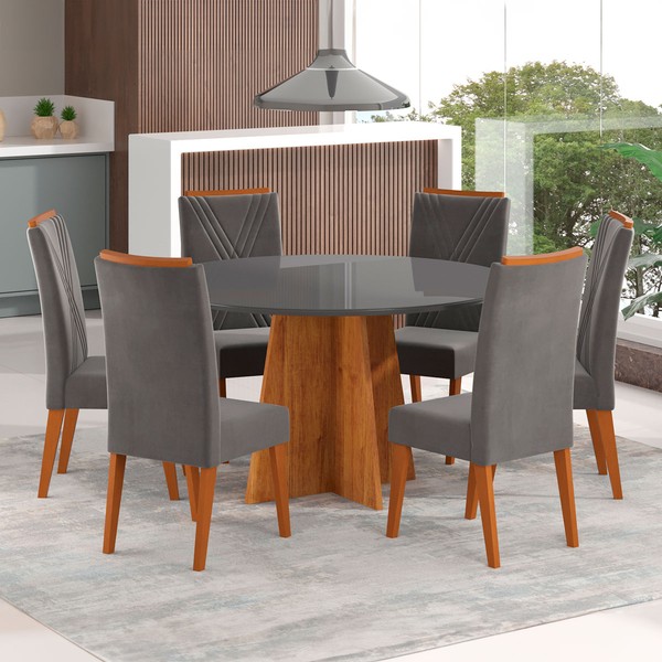 Mesa de Jantar 6 Lugares Córdoba com Vidro Mel/Grafite - Panorama Móveis