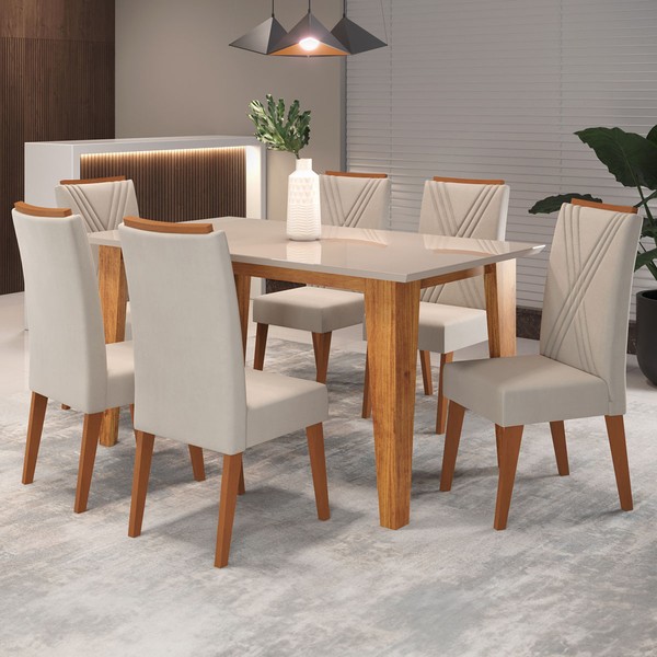 Mesa de Jantar 6 Lugares Rosário com Vidro Mel/Marfim/Off White -  Panorama Móveis
