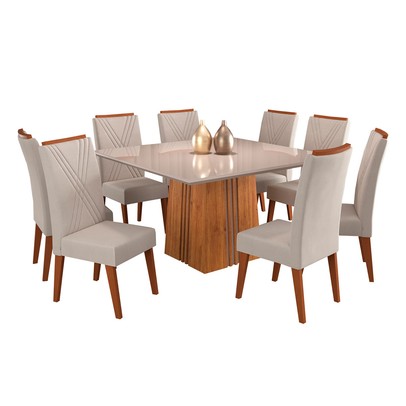 Mesa de Jantar 8 Lugares Malvinas com Vidro Mel/Marfim/Off White - Panorama Móveis