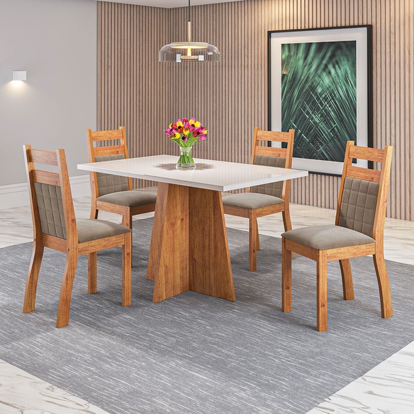 Mesa de Jantar 4 Lugares Dresden com Vidro Mel/Perola/Off White - Panorama Móveis