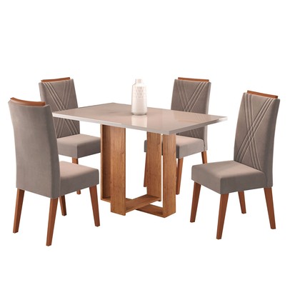 Mesa de Jantar 4 Lugares Singapura com Vidro Mel/Perola/Off White - Panorama Móveis