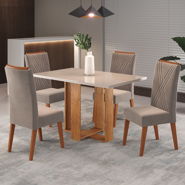 Mesa de Jantar 4 Lugares Singapura com Vidro Mel/Perola/Off White - Panorama Móveis