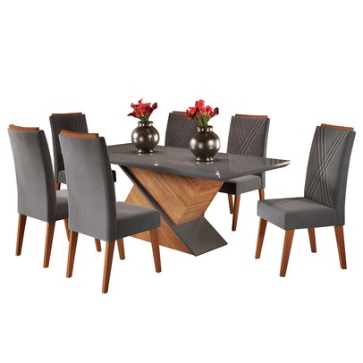 Mesa de Jantar 6 Lugares Hanói com Vidro Mel/Cinza/Grafite - Panorama Móveis