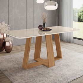 Mesa de Madeira Lins com Vidro Canto Arredondado Nature/Off White Sc95 - Henn