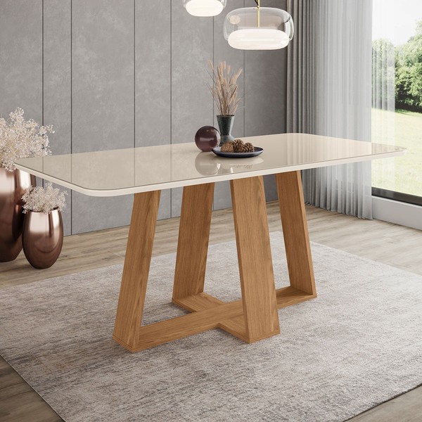 Mesa de Madeira Lins com Vidro Canto Arredondado Nature/Off White Sc95 - Henn