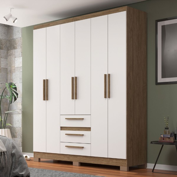 Guarda-Roupa Casal 6 Portas 3 Gavetas Wood/Branco - Decibal