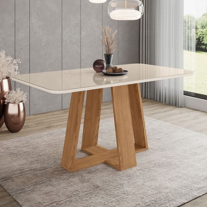 Mesa de Madeira Lins com Vidro Canto Arredondado Nature/Off White Sc92 - Henn