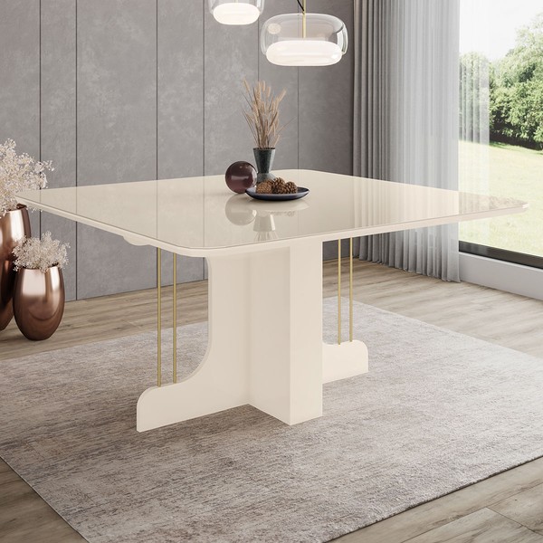 Mesa de Madeira Mavi com Vidro Canto Arredondado Off White Sc102 - Henn