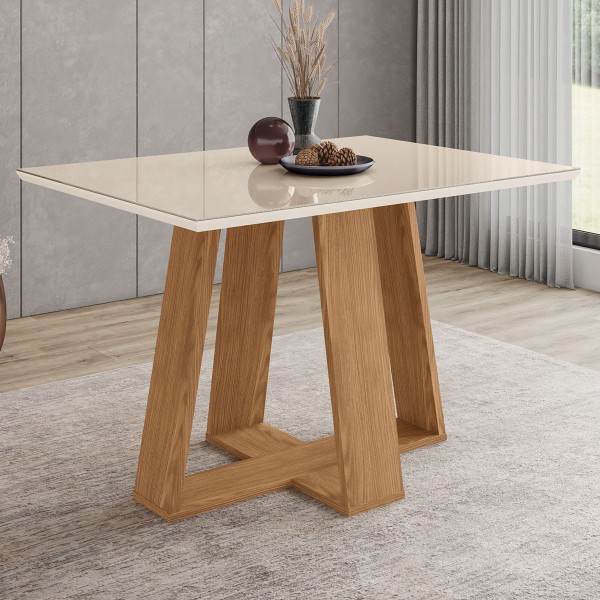 Mesa de Madeira Lins com Vidro Canto Reto Nature/Off White - Henn
