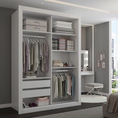 Guarda-Roupa Solteiro Cardiff 2 Portas 2 Gavetas com Espelho Branco - Panorama Móveis