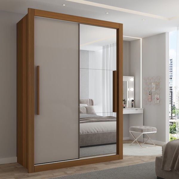 Guarda-Roupa Solteiro Cardiff 2 Portas 2 Gavetas com Espelho Cinamomo/Off White - Panorama Móveis