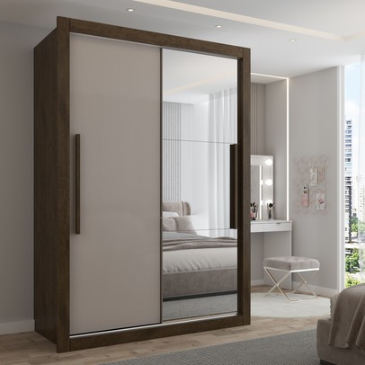 Guarda-Roupa Solteiro Cardiff 2 Portas 2 Gavetas com Espelho Ipê/Off White - Panorama Móveis