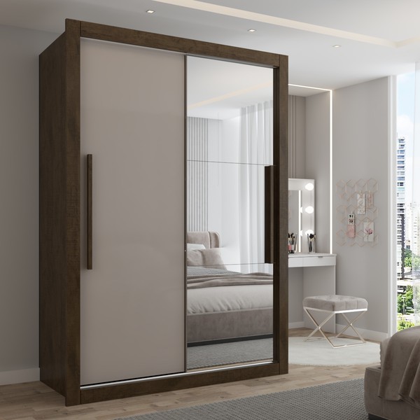 Guarda-Roupa Solteiro Cardiff 2 Portas 2 Gavetas com Espelho Ipê/Off White - Panorama Móveis