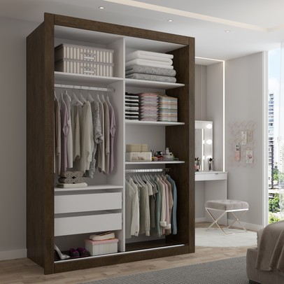 Guarda-Roupa Solteiro Cardiff 2 Portas 2 Gavetas com Espelho Ipê/Off White - Panorama Móveis