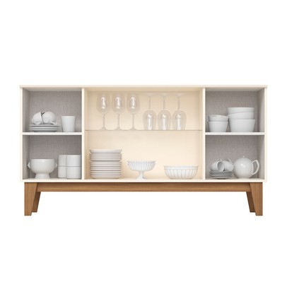 Balcão Buffet Eiffel 4 Portas 3 Prateleiras com Vidro Ripado Off White/Nature - Henn