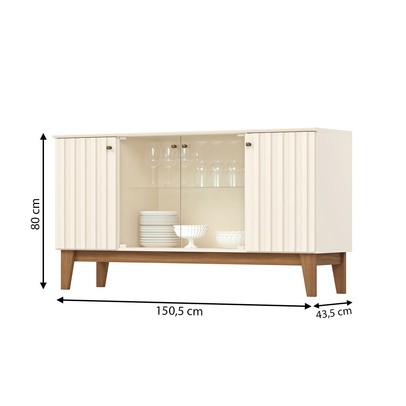 Balcão Buffet Eiffel 4 Portas 3 Prateleiras com Vidro Ripado Off White/Nature - Henn