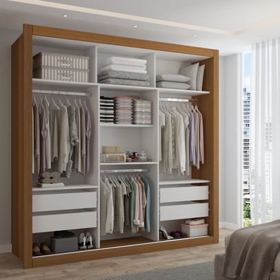 Guarda-Roupa Casal Cardiff 3 Portas 4 Gavetas com Espelho Cinamomo/Off White - Panorama Móveis