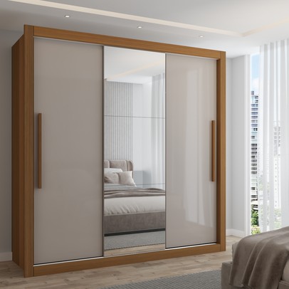 Guarda-Roupa Casal Cardiff 3 Portas 4 Gavetas com Espelho Cinamomo/Off White - Panorama Móveis