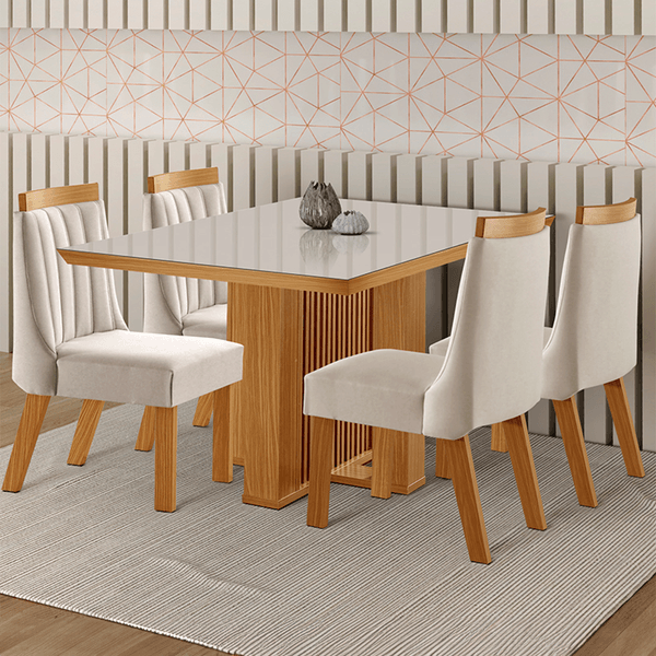 Mesa de Jantar 4 Lugares Kiev com Vidro Cinamomo/Suede Creme - Panorama Móveis