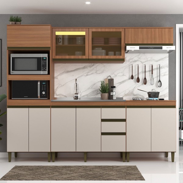 Cozinha Completa Cecilia 10 Portas 3 Gavetas com Vidro Freijó/Off White -  Jcarvalho