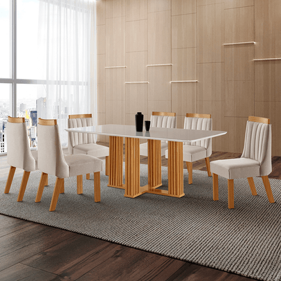 Mesa de Jantar 6 Lugares Antuérpia com Vidro Cinamomo/Linho Bege - Panorama Móveis