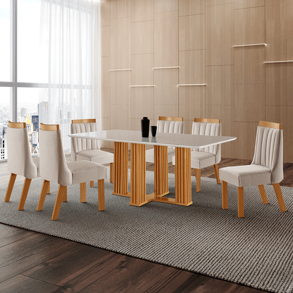 Mesa de Jantar 6 Lugares Antuérpia com Vidro Cinamomo/Linho Bege - Panorama Móveis