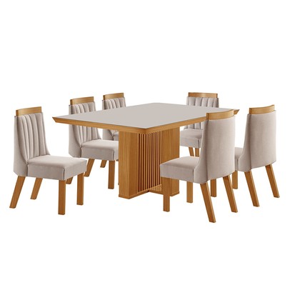 Mesa de Jantar 6 Lugares Kiev com Vidro Cinamomo/Linho Bege - Panorama Móveis