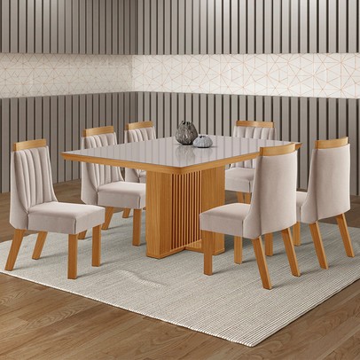 Mesa de Jantar 6 Lugares Kiev com Vidro Cinamomo/Linho Bege - Panorama Móveis