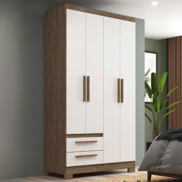 Guarda-Roupa Solteiro 4 Portas 2 Gavetas Wood/Branco - Decibal