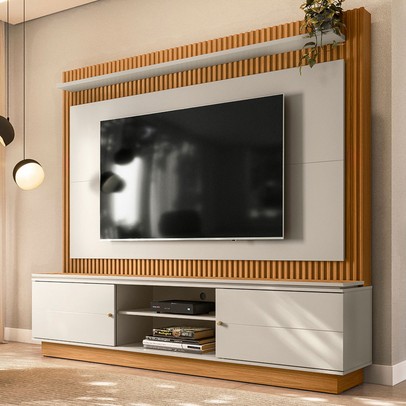 Estante para TV Até 75 Polegadas Guararapes 2 Portas Nature/Off White/Petra - Linea Brasil