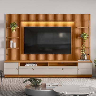 Estante para TV Até 75 Polegadas Ouro Preto 2 Portas com Led 268 Cm Nature/Off White - Linea Brasil