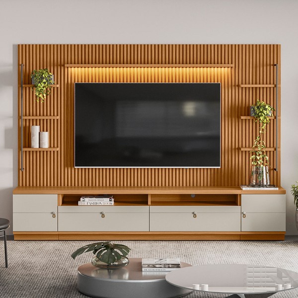 Estante para TV Até 75 Polegadas Ouro Preto 2 Portas com Led 268 Cm Nature/Off White - Linea Brasil