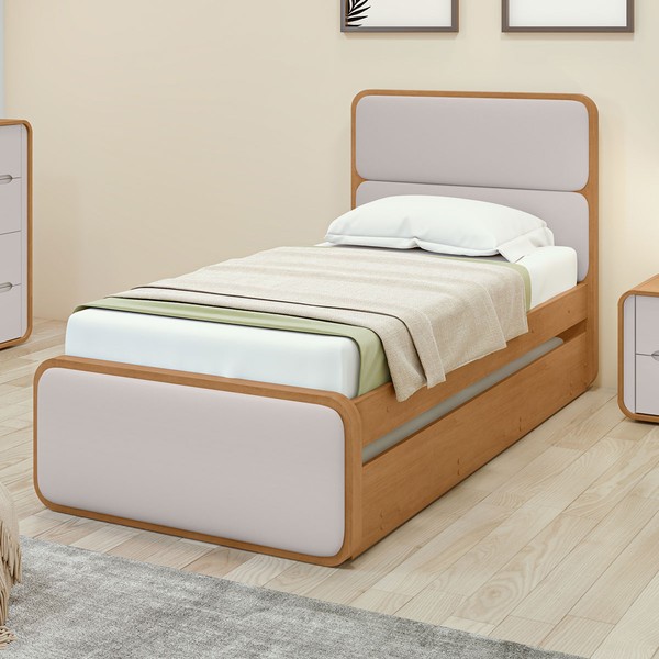 Cama Solteiro Loop com Auxiliar Amêndoa Clean - Móveis Lopas