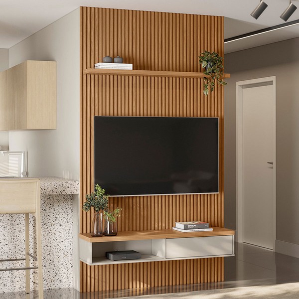 Painel para TV Até 60 Polegadas 1 Porta 140 Cm Nature Ripado/Off White - Linea Brasil