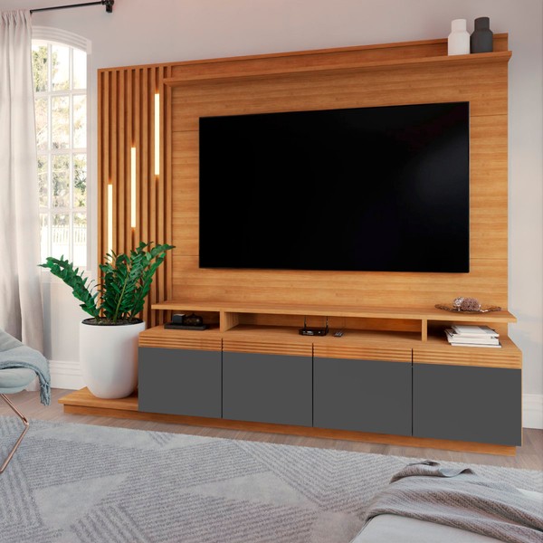 Estante para TV Até 65 Polegadas Escandinávia 4 Portas com Led Cinamomo/Grafite - Panorama Móveis