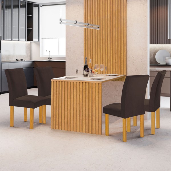 Mesa de Jantar 4 Lugares Bella Canela com Vidro Ripado Cinamomo/Off White/Marrom - Cel Móveis