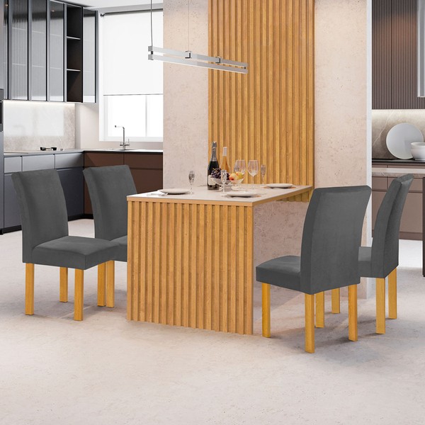 Mesa de Jantar 4 Lugares Bella Canela com Vidro Ripado Cinamomo/Off White/Cinza - Cel Móveis