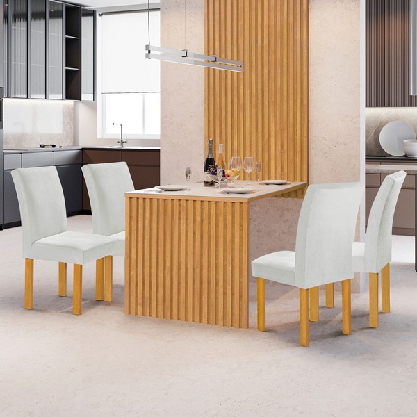 Mesa de Jantar 4 Lugares Bella Canela com Vidro Ripado Cinamomo/Off White/Boucle Gelo - Cel Móveis